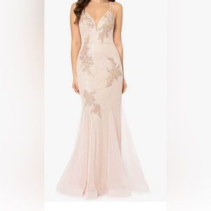 Sequin Sweetheart Neckline Sleeveless Mermaid Gown. Color- Blush/Gold